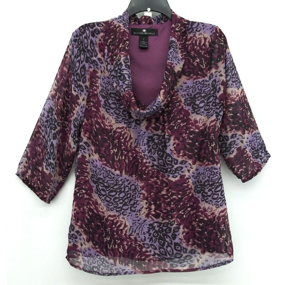 Madison Michelle Blouse Women Size M Purple Sheer Lined 3/4 Sleeve Cowl Neck Top